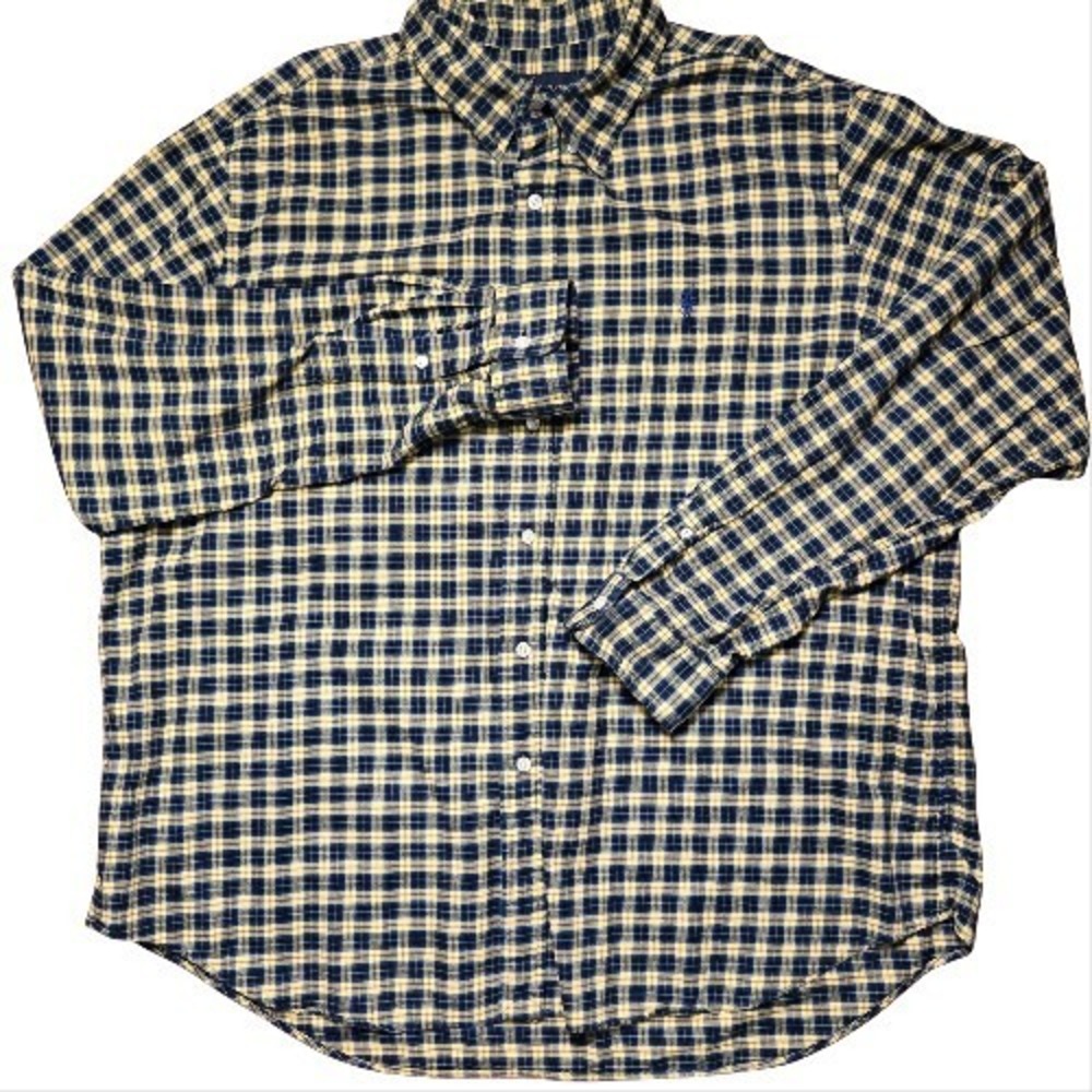 Polo Ralph Lauren Size 2X Flannel Navy Yellow Plaid Button Down Workwear Classic